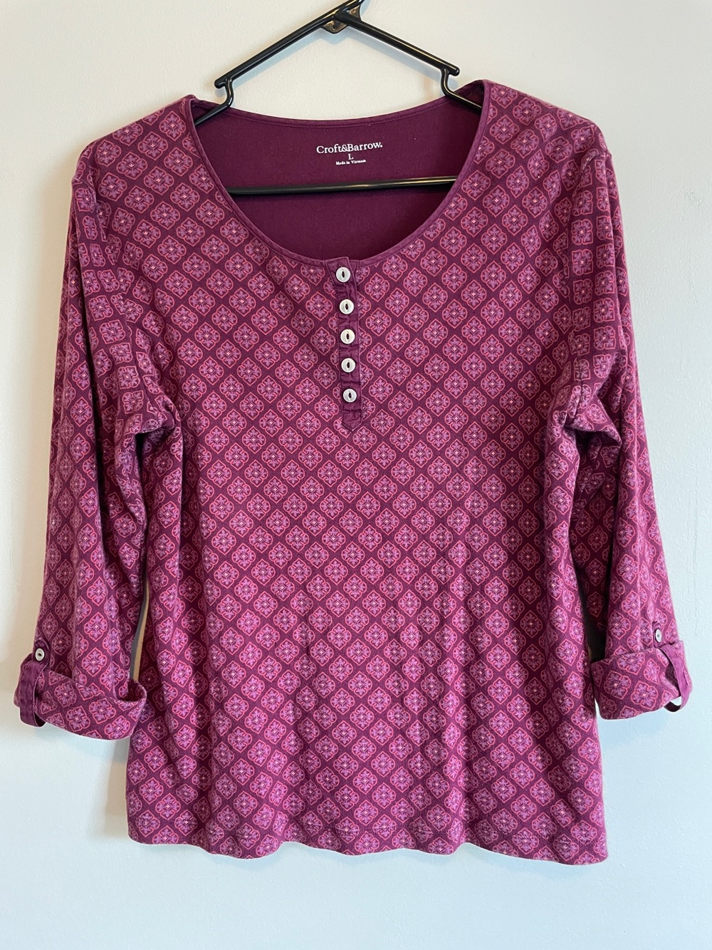 croft & barrow Rose-Pink Printed Henley Long Sleeve Top